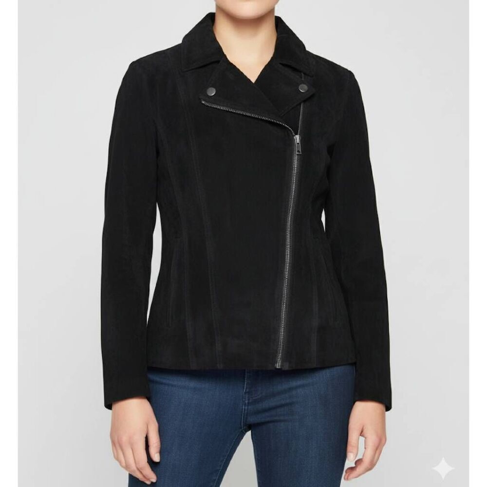 Isaac Mizrahi Y2K Black Suede Diagonal Zip Fitted Moto Jacket Size 4
